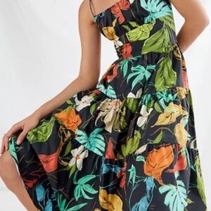 Anthropologie Delfi Botanical Palms Midi Tiered Dress